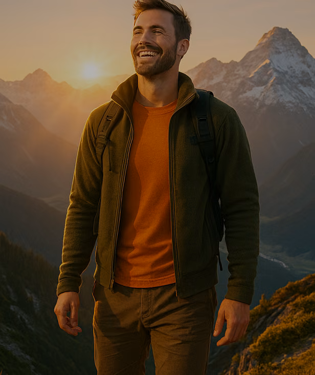 Lächelnder Mann bei Sonnenaufgang in den Bergen